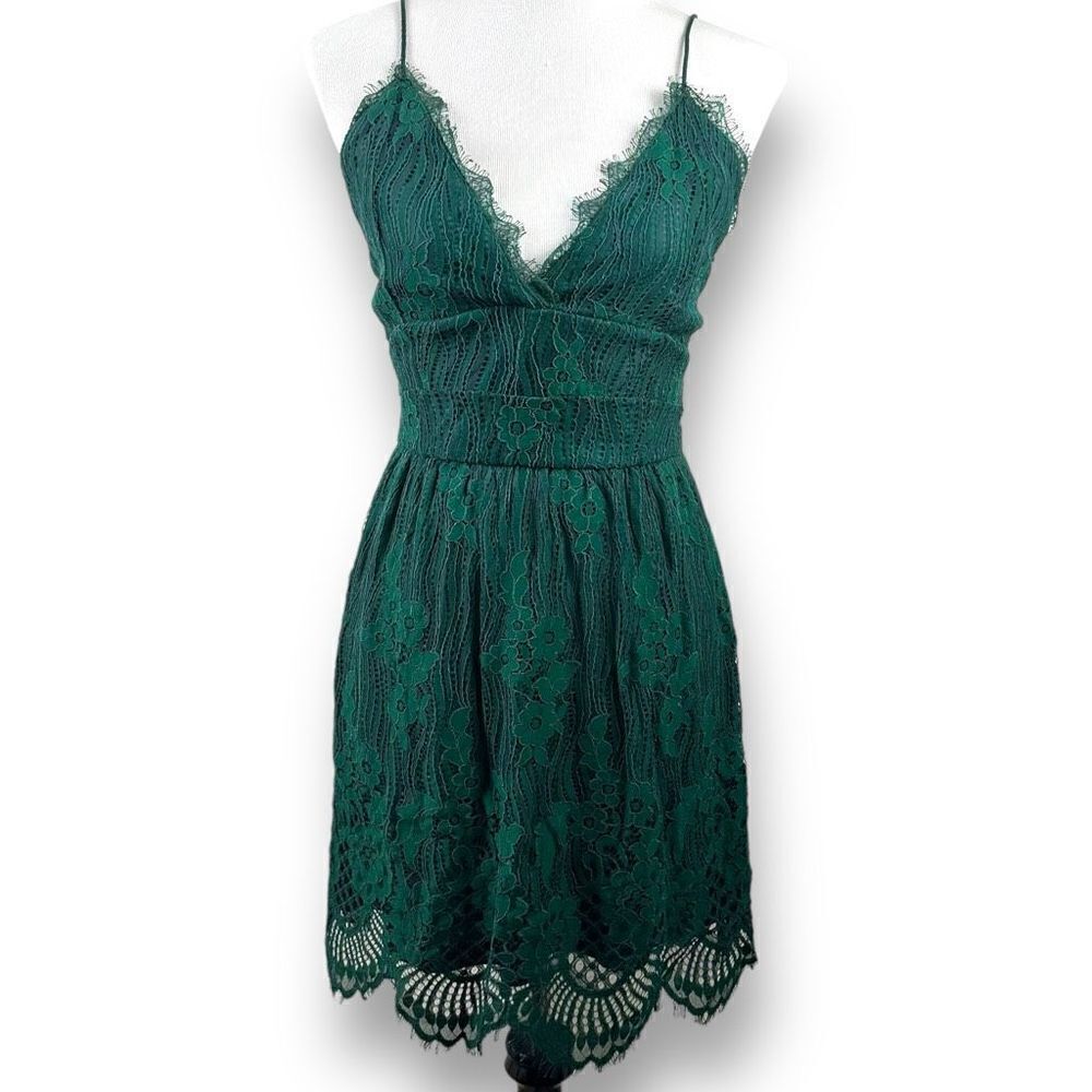 Aooksmery Women's Size M Lace Mini Dress Emerald Green‎ Tie Back New